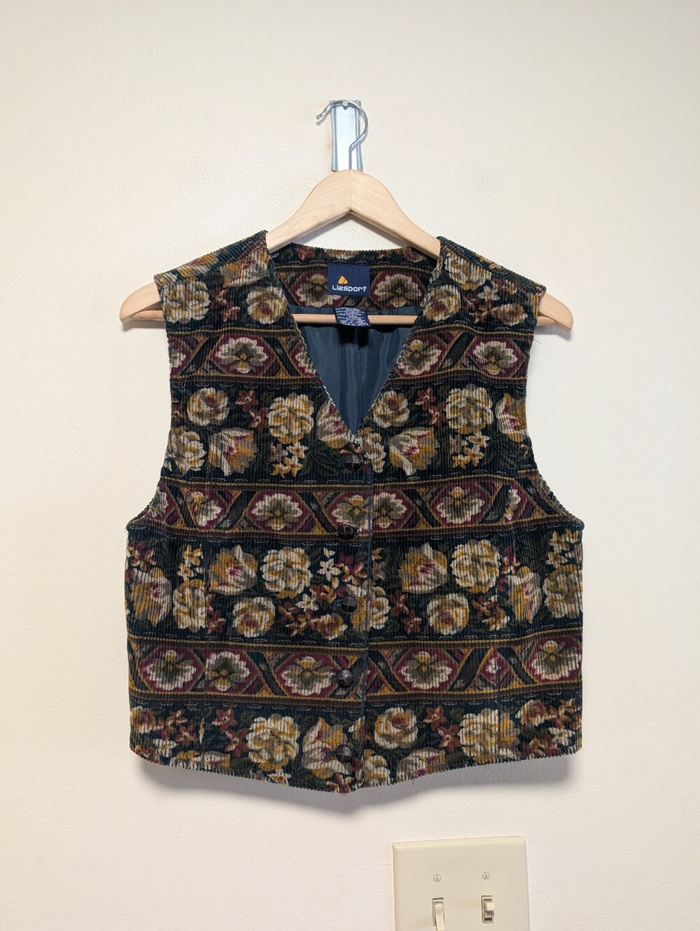 Lizsport Vintage Floral Corduroy Vest Size 4 Cottagecore Tapestry Boho
